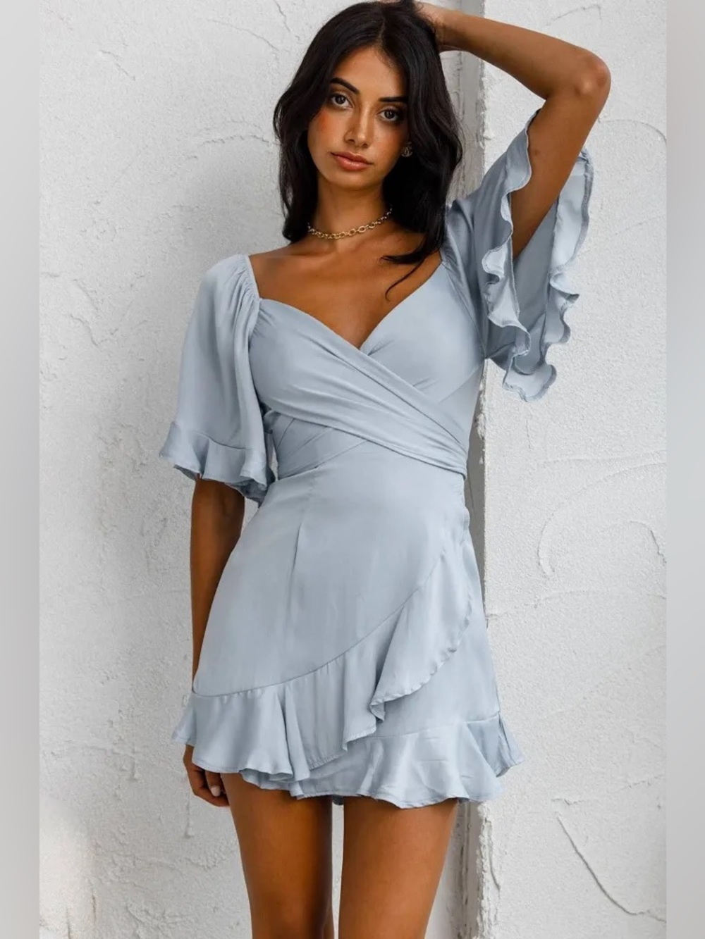 NWT Selfie Leslie Light Blue Hand in Mine Ruffle Mini Dress, Size Small